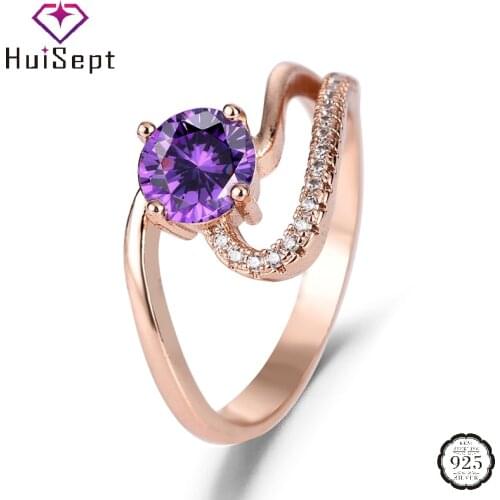HuiSept Elegant Silver 925 Jewelry Ring for Women 7mm Round Shape Amethyst Zircon Gemstone Ornament Ring Wedding Party Wholesale