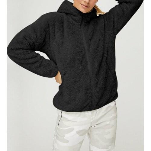 Faux Fur Hooded Pocket Jacket Ladies Winter Casual Solid Color Long Sleeve Teddy Jacket Wool Polar Fleece Zip Top