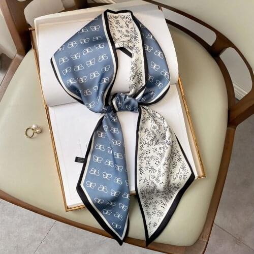 2021 New Long Thin Narrow Silk Scarf Female Buttrerfly Print Scarf Wind Tied Hair Band Bag Ribbon Floral Scarfs Women Decoration