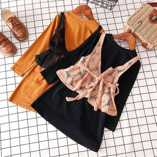 2019 New Spring Item Girl Suit Including Lace Suspender+ Dress 2pcs Per Set Two Colors