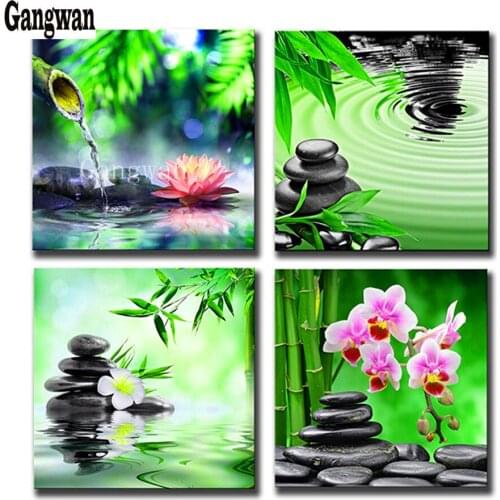 Orchid DIY 5D Diamond Painting Bamboo Stone Crystal Full Square Diamond Rhinestone Picture Cross Stitch Embroidery 4 pcs Decor