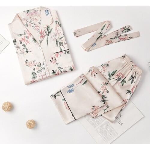 Faux Silk Pajamas Set 2 Pieces Sleepwear with Belt Woman Long Sleeves Pants Satin Autumn Plant Printing Nightwear Pijamas Femme