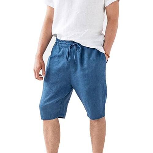 Cotton Linen Shorts Men Capri Pants Plus Size High Waist Drawstring Casual Bermuda Shorts Male Beach Black Mens Summer Breeches