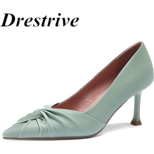 Drestrive Full Genuine Leather 2021 New Arrival Women Pumps Pointed Toe Thin Heel Cow Leather Pleated High Heel Shoes Black