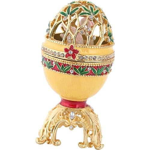 Vintage Rhinestone Enameled Hollow out Flowers Leaves Gold Egg Design Jewelry Trinket Box Table Dresser Decoration