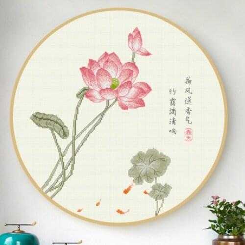 Chinese pastoral style lotus blooming in summer pond folk embroidery craft needlework cross stitch printing Send sewing tool