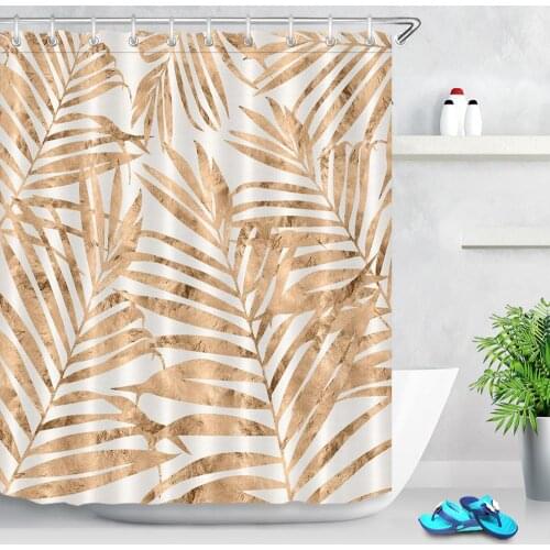 Golden Palm Tree Leaves Shower Curtains Waterproof Fabric Tropical Plants Bathroom Curtain Washable Bath Screen with Hooks