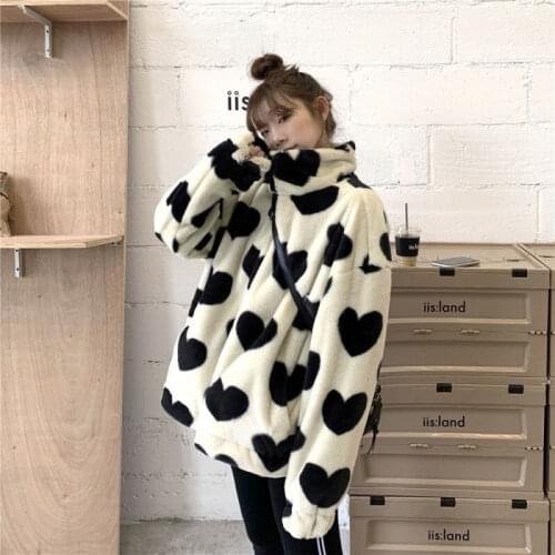 Harajuku Heart Full Print Female Jacket Women Winter 2021 Korean Thick Warm Overcoat Long Sleeve Stand Collar Plush Coat X160