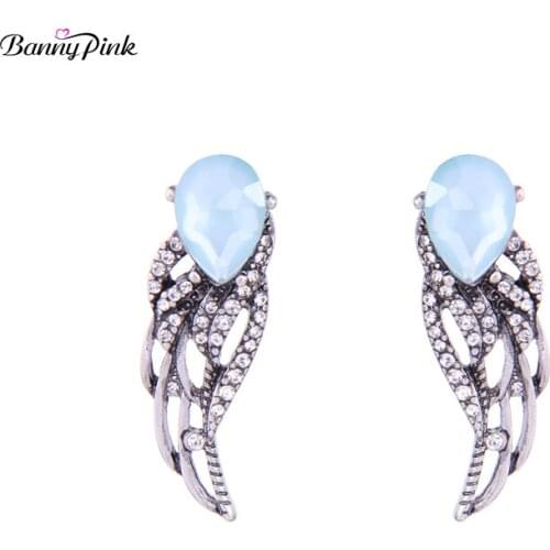 Banny Pink Vintage Rhinestone Wings Studs Earrings For Women Chunky Waterdrop Pendant Post Earrings Fashion Jewelry Pendientes