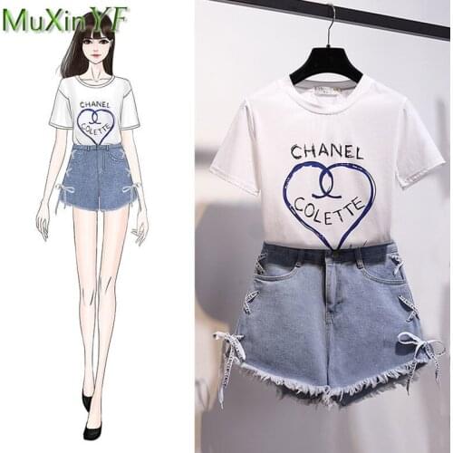 Summer Shorts Suit 2021 New Korean High Waist Sexy Denim Short Suit Women Fashion Casual Slim T-shirt Pants Jeans Two-Piece Set
