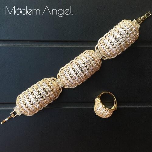 ModemAngel Simple Fashion Brand Ladies Jewelry Gold White Color Bar Cubic Zirconia Ring and Bracelet Sets for Women