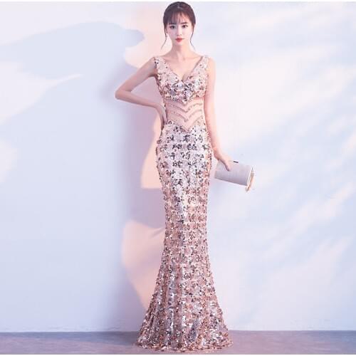 Champagne Evening Dress Banquet 2019 New Long Mermaid Party Dress Sexy V-neck Beaded Illusion Waist Formal Dresses Haute Couture