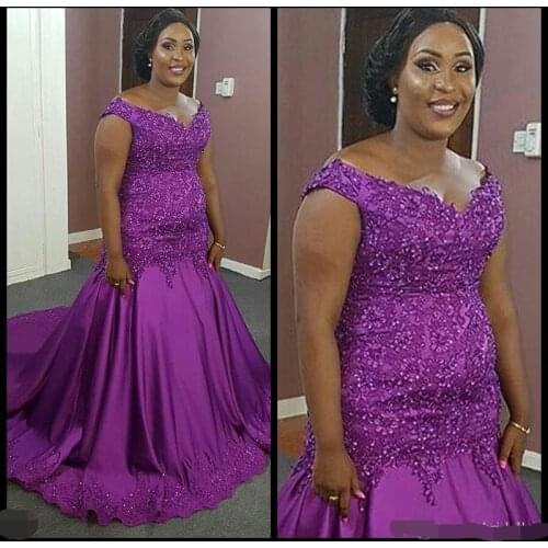 Elegant Purple Plus size Mermaid Evening Dress 2019 African Lace appliques Beads Long robe de soiree robe de soiree formal dress
