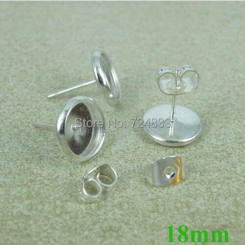 18mm Silver tone Blank Earrings Bases Round Bezel tray Stud Pin Earrings Post w/ Stopper Earring Settings Findings Wholesale