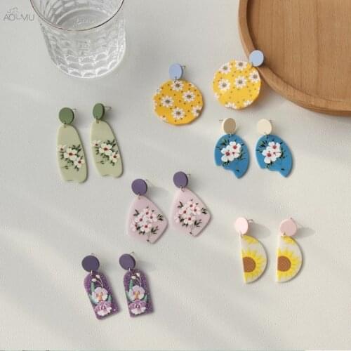 AOMU 2021 Korea Spring Geometric Round Irregular Acrylic Colorful Flower Pattern Drop Earrings for Women Bohemia Fashion Jewelry