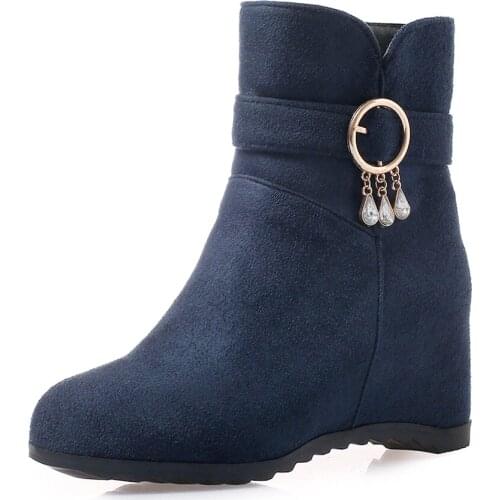 Cow Suede Wedges Inner Heightening Winter Warm Shoes Nubuck Leather Round Metal Buckle Pearl Tassel Side Zipper Ankle Boots