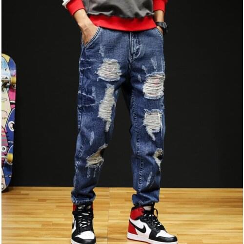 Cheap hole jeans men biker jeans men patch beggar trousers male denim pants masculino motorcycle fashion designer