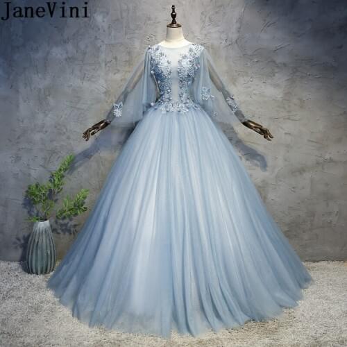 JaneVini 2020 Dusty Blue Long Quinceanera Dresses Ball Gown Puffy Tulle Handmade Flowers Pearls Party Dress Vestido De Baile