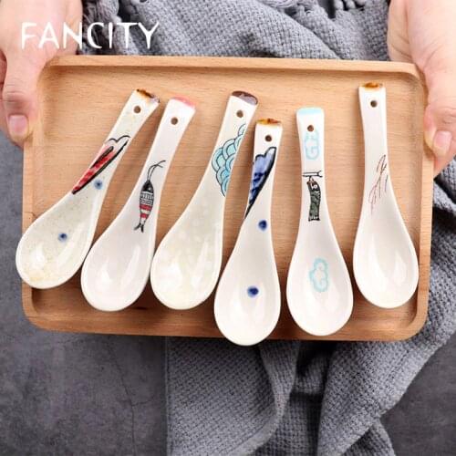 FANCITY Household Japanese retro hand-painted spoon ceramic long handle spoon spoon spoon spoon stirring spoon drink soup dinner