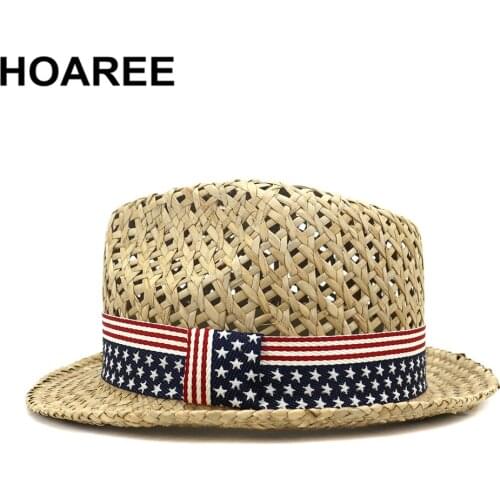 HOAREE Straw Sun Hat Men Jazz Trilby Womens Summer Hats Male Female Porkpie British Five Star Beach Holiday Seaside Fedora Cap