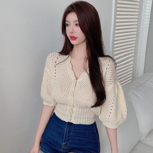 Summer Cardigan Women V-neck Hollow Out Button T-Shirts Tops Causal White Shirt Hollow Out Clothes Beach Wear