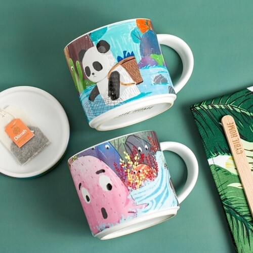 Ceramic coffee mug ins popular cartoon panda octopus printed cups and mugs with lids gift box 430ml large capacity