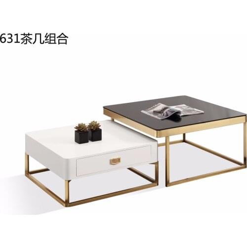 0608CJ631 Tempered glass surface stainless steel gold plated chassis frame combination tea coffee table solid wood drawer