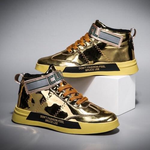 Luxury Brand Men High Top Casual Shoes Fashion Golden Mirrors Designer Sneakers Men Big Size Platform Shoes Men Glitter Sneakers