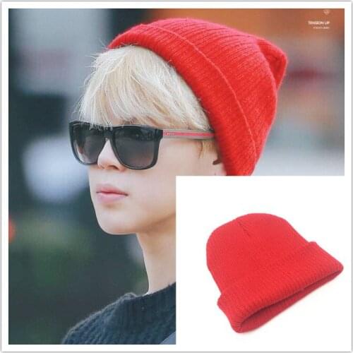 Fashion Red Knit Hat Winter Warm kpop Bangtan Boys Crochet Cap Skullies Gorros Jimin same Trendy ootd Hip Hop Style