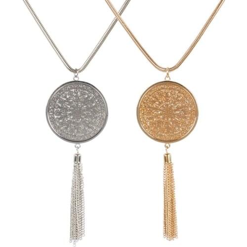 Fashionable Trendy Hollow Disc Pendant Tassel Long Necklace For Women Popular Temperament Trendy Necklace Handmade New Jewelry