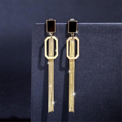 Fashion Retro Black Square Tassel Earrings Temperament Net Red Super Fairy Long Earrings Jewelry for Women