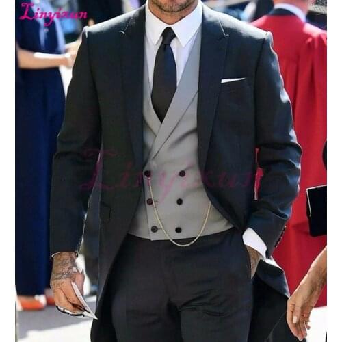 Linyixun Morning Style Groomsmen Black Groom Tuxedos Peak Lapel Men Suits edding Best Man Blazer( Jacket+Pants+Vest )