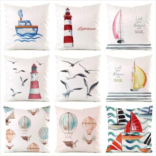 45cm*45cm **Sailboat&Lighthouse** Inimitated Silk Fabric Throw Pillow Covers Couch Cushion Cover Home Decorative Pillows