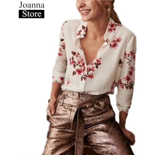 Spring New 100%Silk Printing Shirt Women Single-Breasted Lapel Mulberry Silk Flowers blouse Long Sleeve White Plus Size Clothes