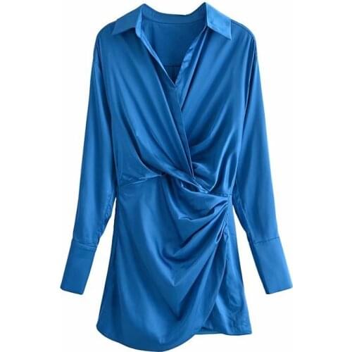 New Women Vogue Pleated Shirt Dress V-Neck Long Cuff Sleeves Slim Waist Casual Chic Lady Short Dresses Woman Robe