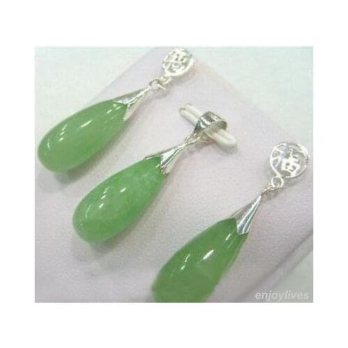 New Style Hot sale***Natural Light Green jade White = Pendant Necklace Earrings Set Fashion Wedding Party Jewellery