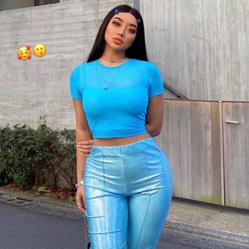 4 Colors European And American Style Solid Color Mesh High Elastic Tight Round Neck Wear Short Sleeve Bottom Tee T Shirt