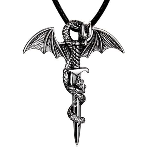 Mens Dragon Pendant Necklace With Rope Vintage Metal Dragon Wing Cross Sword Punk Rock Gothic Necklaces Unique Design