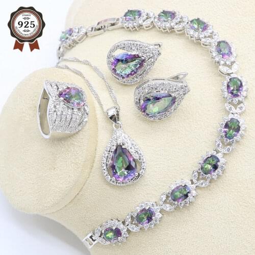 Rainbow Zircon Silver Color Jewelry Set for Women Wedding Birthday with Bracelet Earrings Necklace Pendant Ring Gift Box