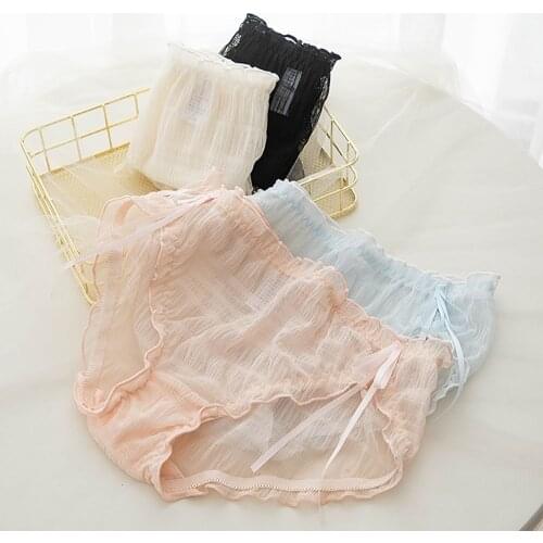 Lovely Womens Silk Ribbon Bow Mesh Hollow Panties Mid-waist Cotton Crotch Underwear Thin Breathable Panties Seamless Briefs