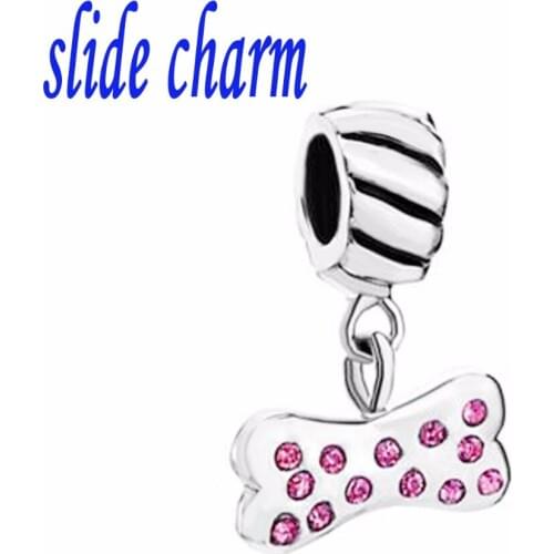 Slide charm Free shipping Mother luxury brand dog bones pink crystal beads fit Pandora Dangle Charm Bracelet Christmas