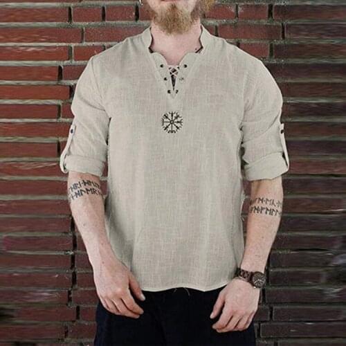 Medieval Viking Pirate Linen Top Shirt Costume Renaissance Mens Nordic Retro T-shirt Beard Cosplay Tee Lace-Up For Adult Belted