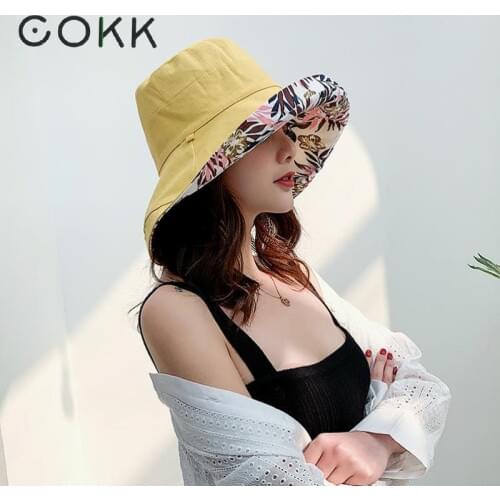 COKK Double Sided Flower Bucket Hat Women Korean Folding Sunhat Large Wide Brim Summer Hats For Women Lady Panama Cap Beach Hat