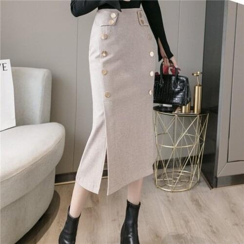 Winter Women Solid Color Sexy Slit Woollens Mermaid Skirts French Style Warm Slim Button Long Skirts Elegant Office Lady Skirts
