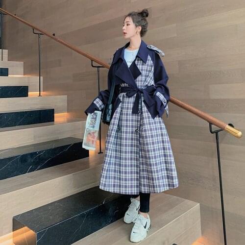 Womens Windbreaker 2021 Spring Autumn New Korean Style Loose Stitching Plaid Long Lapel Fashion Double Breasted Coat Female PY6