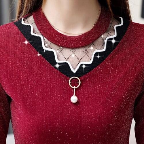 Thicken Fleece Lace Women T-Shirts See Through Sexy Pearl Solid Knitted Elastic Lady Buttoming Shirts Outwear Tops