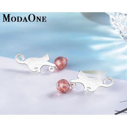 ModaOne Cat Natural Strawberry Crystal Moonstone Sterling Silver Stud Earring For Women Fashion Jewelry Aretes De Mujer
