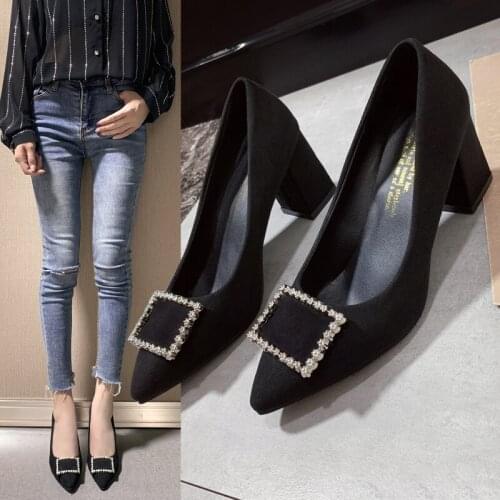 Womens shoes 2021 Korean version of all-match pointed shallow mouth single shoes fashion temperament square buckle high heels