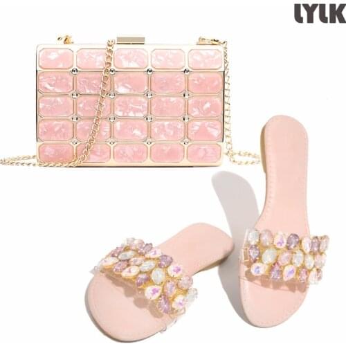 Womens Chain Dinner Bag Set Diamond Shoulder Messenger Bag Ladies Rhinestone Slippers Fashion Bling Slides Big Size Flip Flops