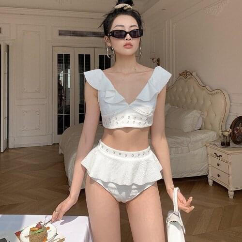 Fairy Style Lotus Leaf V-neck Holiday One Piece Swimsuit Korean Style Ins Style Plain Elegant High Waist Bikini Swimwear Women